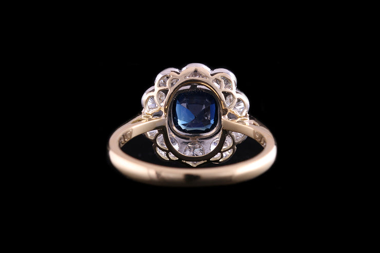 Edwardian 18ct Yellow Gold and Platinum Diamond and Sapphire Cluster Ring