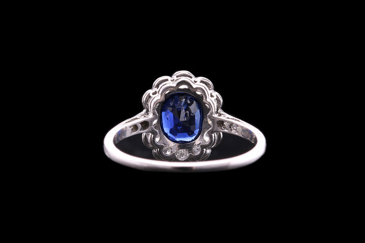 Platinum Diamond and Sapphire Cluster Ring with Diamond Shoulders