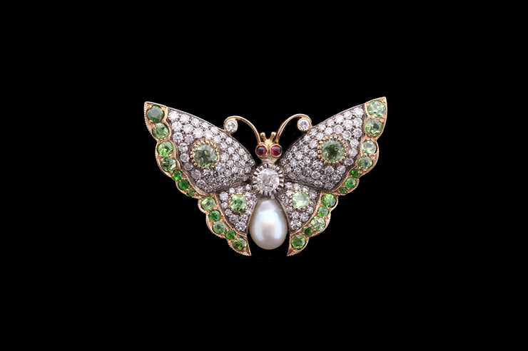 Victorian 18ct Yellow Gold and Silver Diamond, Demantoid Garnet, Pearl and Ruby Butterfly Brooch