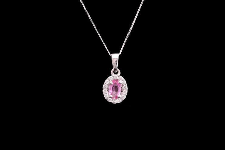18ct White Gold Diamond and Pink Sapphire Oval Cluster Pendant