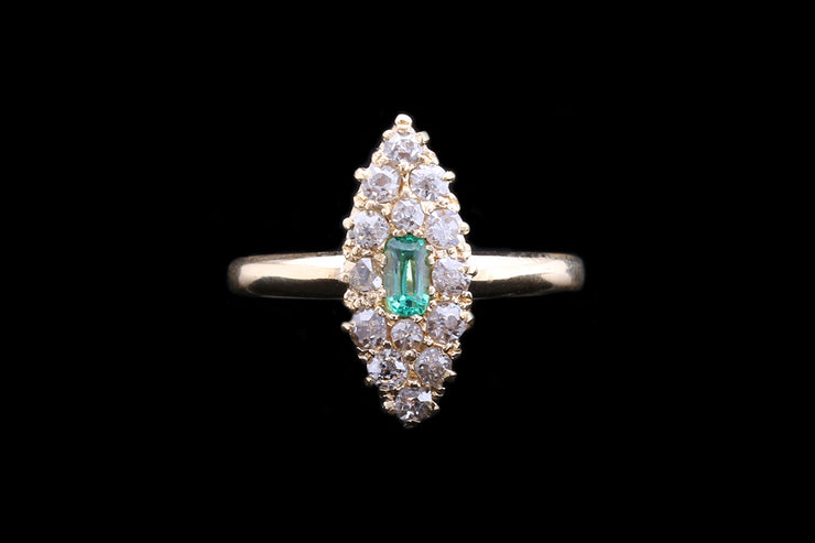 Victorian 18ct Yellow Gold Diamond and Emerald Marquise Cluster Ring