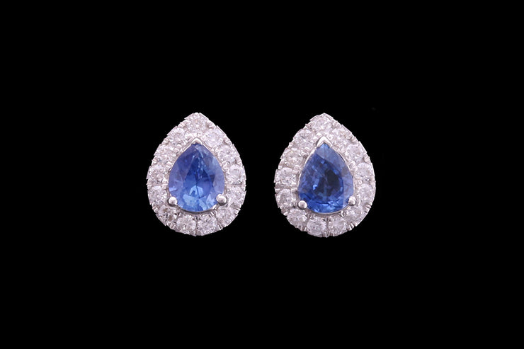 18ct White Gold Diamond and Sapphire Pear Cluster Stud Earrings