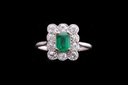 Platinum Diamond and Emerald Rectangular Cluster Ring