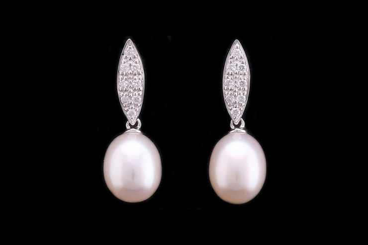 9ct White Gold Diamond and Freshwater Pearl Drop Stud Earrings