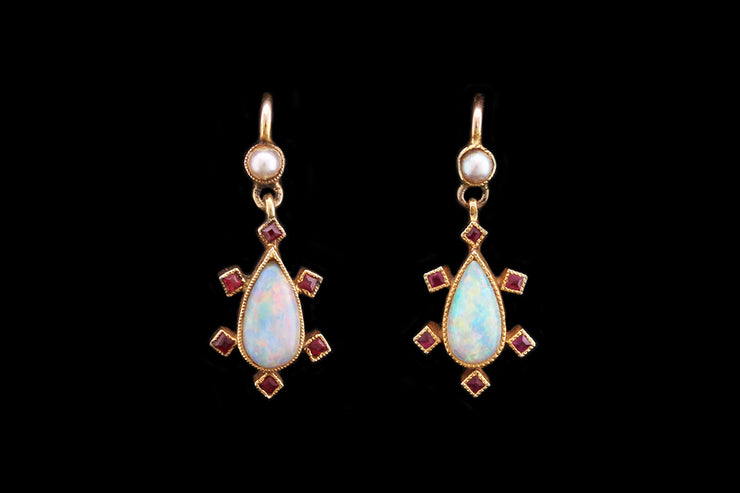Edwardian 18ct Yellow Gold Opal, Ruby and Seed Pearl Drop Earrings