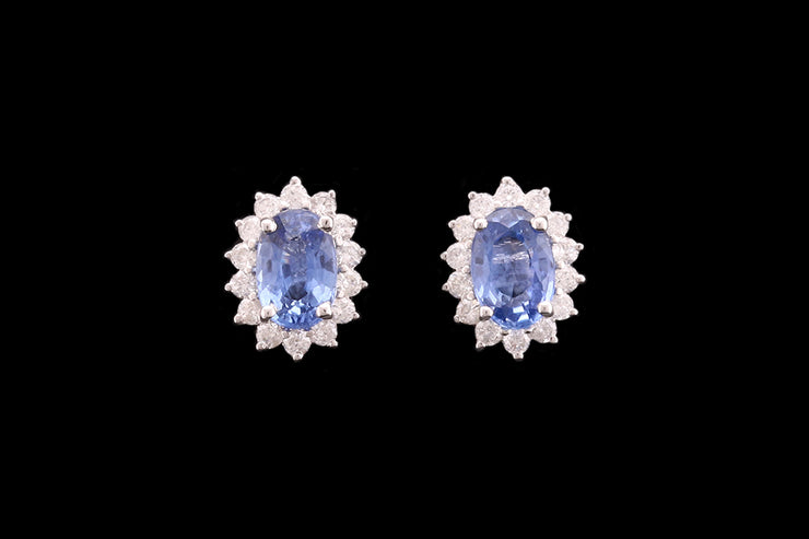 18ct White Gold Diamond and Sapphire Oval Cluster Stud Earrings