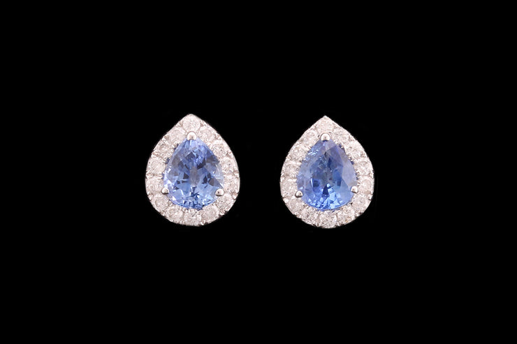 18ct White Gold Diamond and Sapphire Pear Cluster Stud Earrings