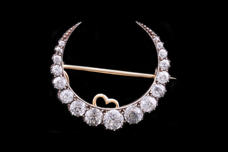 Victorian 18ct Yellow Gold and Silver Diamond Set Crescent Brooch