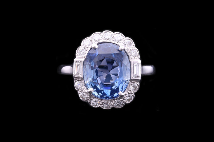 Art Deco 18ct White Gold Diamond and Burma Sapphire Cluster Ring