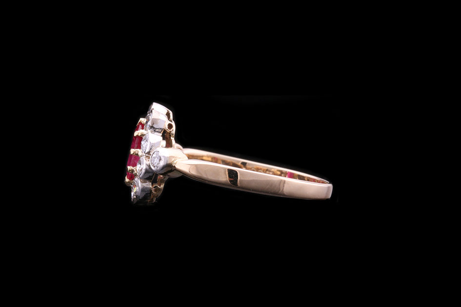 Edwardian 18ct Yellow Gold and Platinum Diamond and Burmese Ruby Clust ...