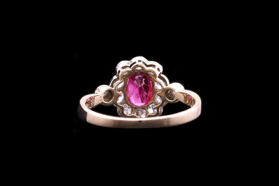 Edwardian 18ct Yellow Gold and Platinum Diamond and Burmese Ruby Clust ...