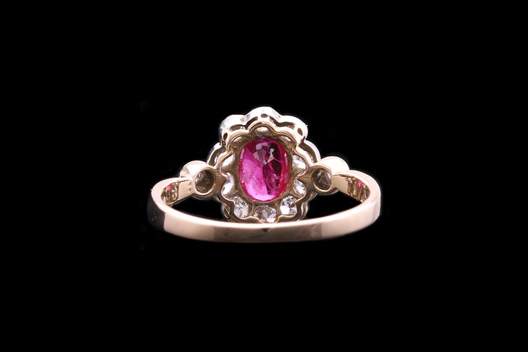 Edwardian 18ct Yellow Gold and Platinum Diamond and Burma Ruby Cluster Ring with Diamond Shoulders