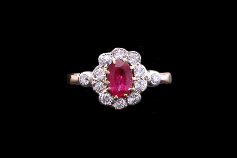 Edwardian 18ct Yellow Gold and Platinum Diamond and Burma Ruby Cluster ...