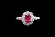 Edwardian 18ct Yellow Gold and Platinum Diamond and Burma Ruby Cluster Ring with Diamond Shoulders