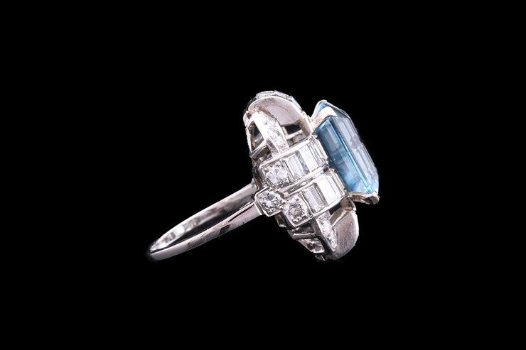 Art Deco Platinum Diamond and Aquamarine Dress Ring