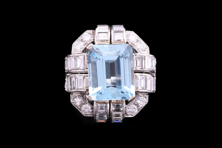 Art Deco Platinum Diamond and Aquamarine Dress Ring