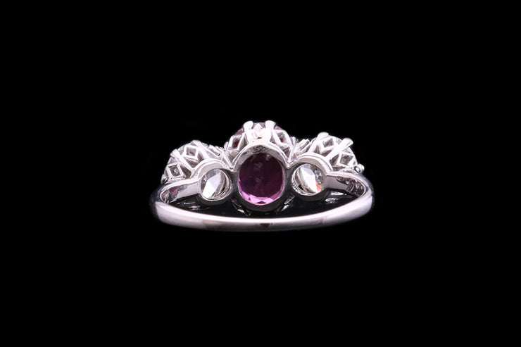 Art Deco Platinum Diamond and Burma Pink Sapphire Three Stone Ring