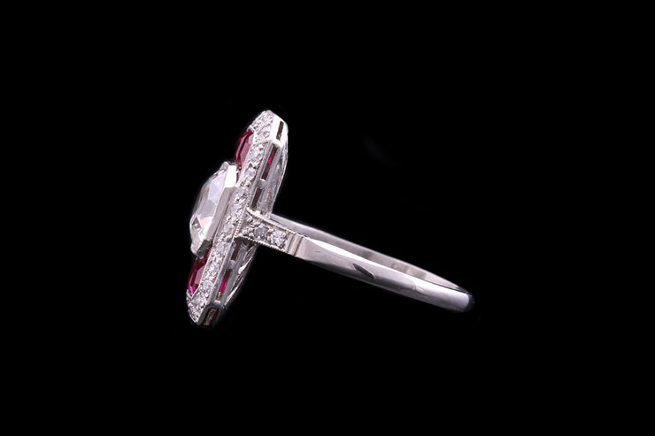 Art Deco Platinum Diamond and Ruby Dress Ring with Diamond Shoulders