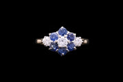 18ct Yellow Gold Diamond and Sapphire Cluster Ring with Diamond Shoulders