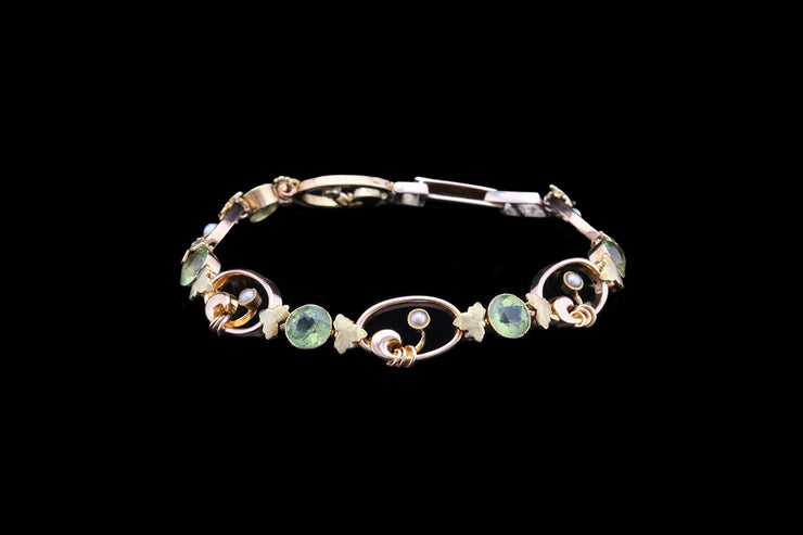 Art Nouveau 15ct Yellow Gold Peridot and Seed Pearl Decorative Bracelet
