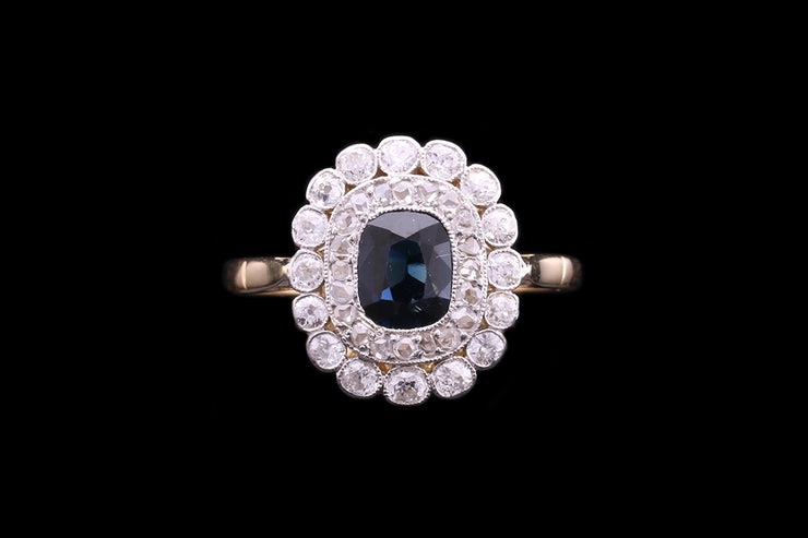 Edwardian 18ct Yellow Gold and Platinum Diamond and Sapphire Double Cluster Ring