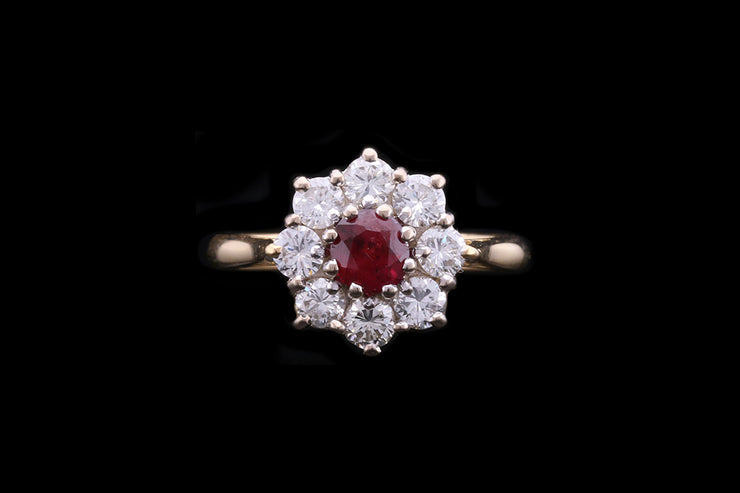 18ct Yellow Gold and White Gold Diamond and Ruby Cluster Ring