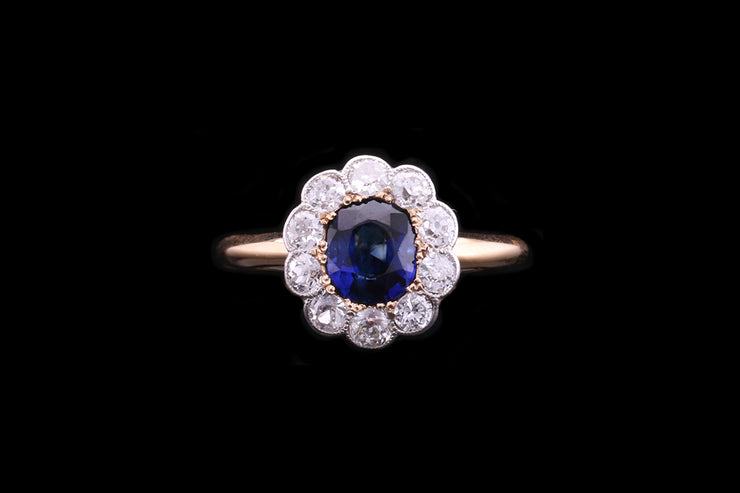 Victorian 18ct Yellow Gold and Platinum Diamond and Sapphire Cluster Ring