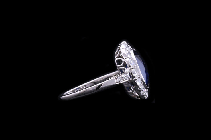 Art Deco Platinum Diamond and Sapphire Cluster Ring with Diamond Shoulders