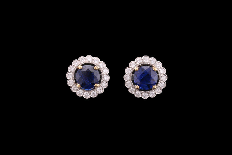 18ct White Gold and Yellow Gold Diamond and Sapphire Target Stud Earrings