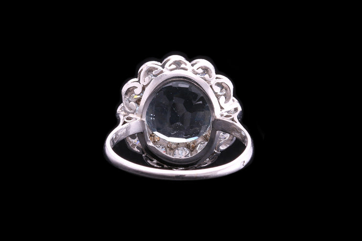 French Platinum Diamond and Aquamarine Cluster Ring