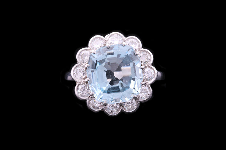 French Platinum Diamond and Aquamarine Cluster Ring