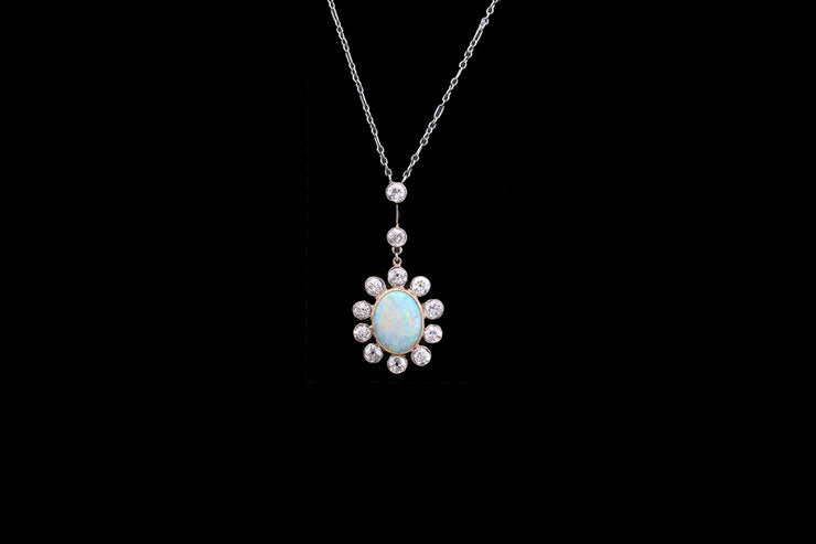 Edwardian Platinum and 18ct Yellow Gold Diamond and Opal Cluster Drop Pendant