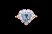 18ct Yellow Gold and White Gold Diamond and Aquamarine Heart Cluster Ring