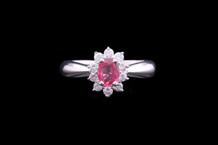 Platinum Diamond and Ruby Oval Cluster Ring