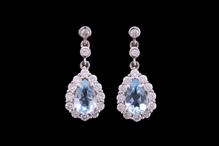 18ct White Gold Diamond and Aquamarine Cluster Drop Earrings