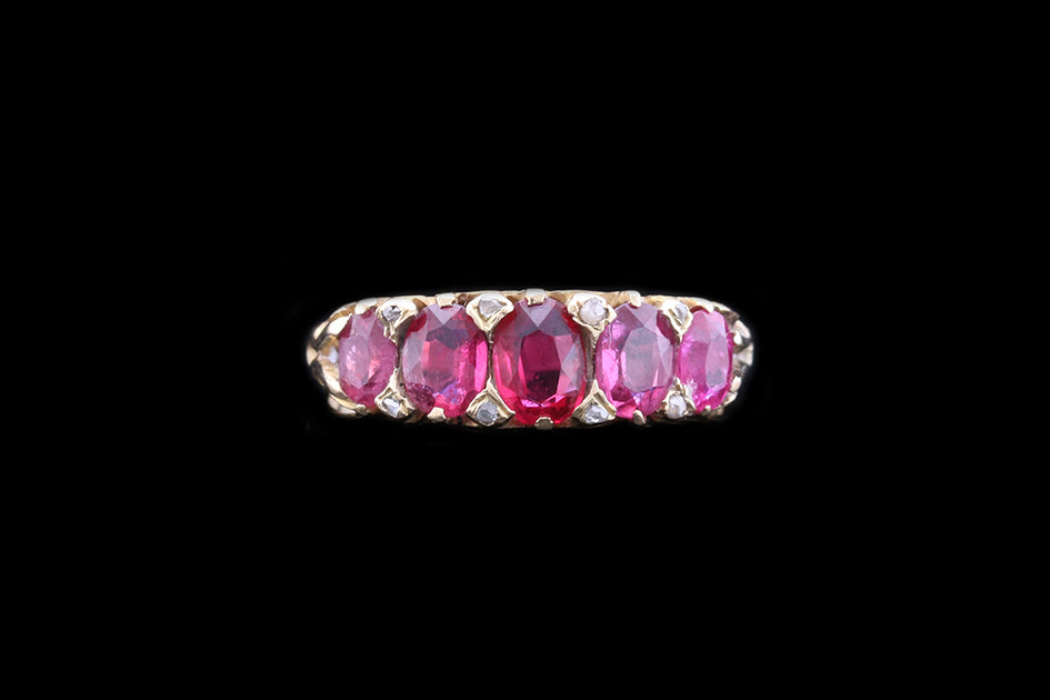 Victorian 18ct Yellow Gold Ruby Five Stone Ring with Diamond Sparks ...
