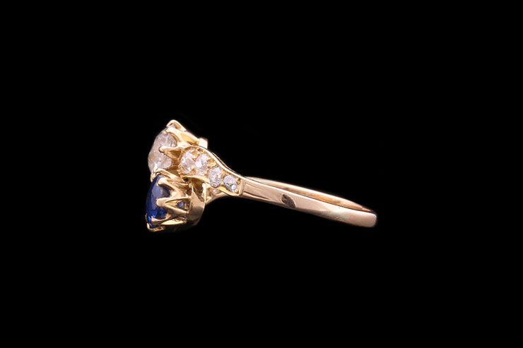 Edwardian 18ct Yellow Gold Diamond and Sapphire Two Stone Twist Ring with Diamond Shoulders