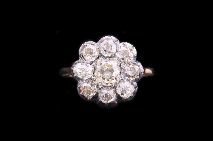 Victorian 18ct Yellow Gold and Silver Diamond Cluster Ring