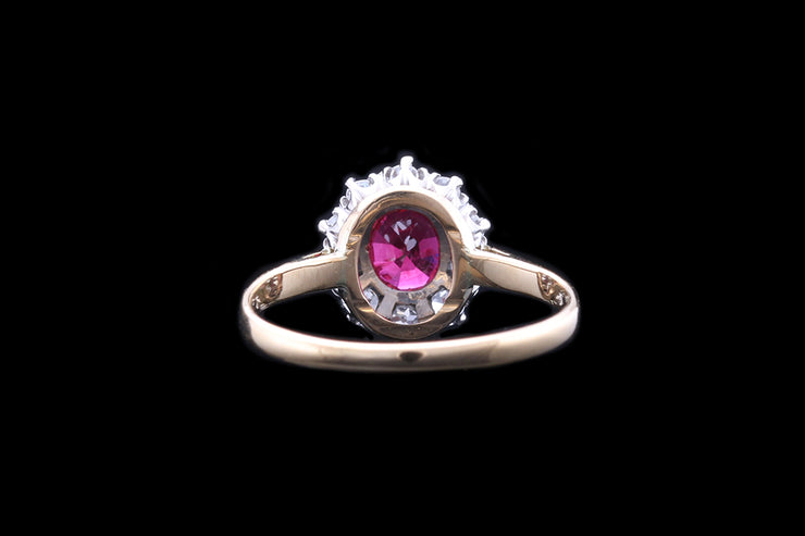 Art Deco 18ct Yellow Gold and White Gold Diamond and Ruby Oval Cluster Ring