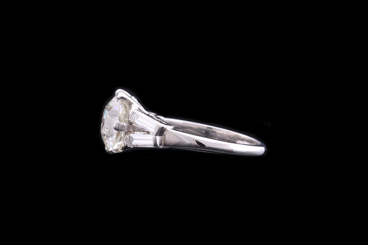 Art Deco French Platinum Diamond Single Stone Ring with Diamond Open Split Shoulders