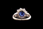 Victorian 18ct Yellow Gold and Silver Diamond and Burma Sapphire Cluster Ring with Diamond Shoulders