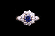 Victorian 18ct Yellow Gold and Silver Diamond and Burma Sapphire Cluster Ring with Diamond Shoulders