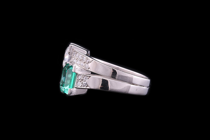 Art Deco 18ct White Gold Diamond and Colombian Emerald Two Stone Twist Ring with Diamond Shoulders