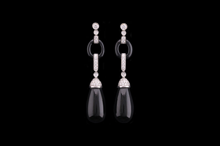 18ct White Gold Diamond and Onyx Drop Earrings