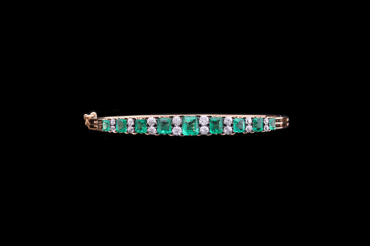 Victorian 18ct Yellow Gold and Silver Diamond and Colombian Emerald Bangle