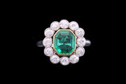 Art Deco French Platinum Diamond and Colombian Emerald Dress Ring