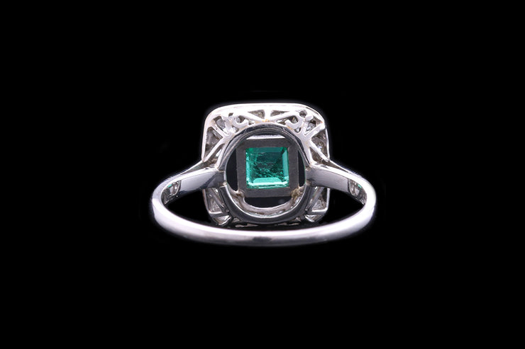 Art Deco Platinum Diamond and Emerald Square Dress Ring
