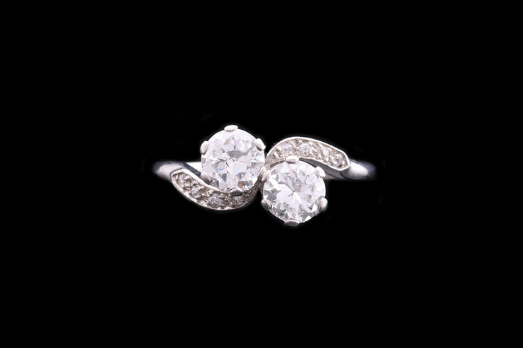 Art Deco Platinum Diamond Two Stone Twist Ring with Diamond Shoulders