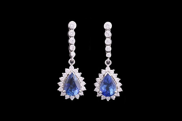 18ct White Gold Diamond and Sapphire Pear Cluster Drop Earrings