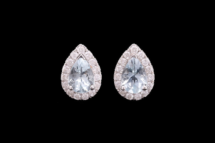 18ct White Gold Diamond and Aquamarine Pear Cluster Stud Earrings